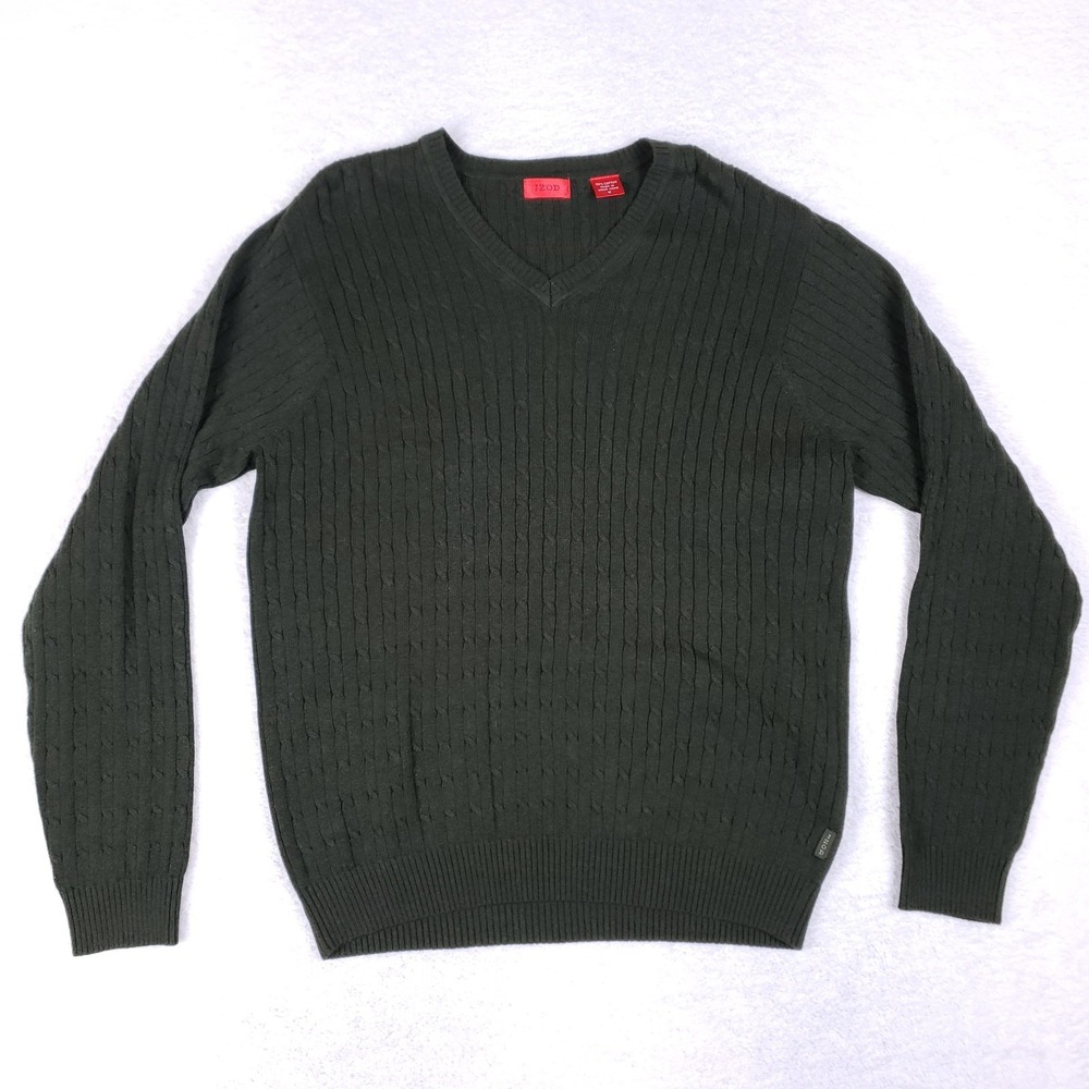 IZOD Vintage‎ 90s Cable Knit V-Neck Sweater Medium Green 100% Cotton Hong Kong